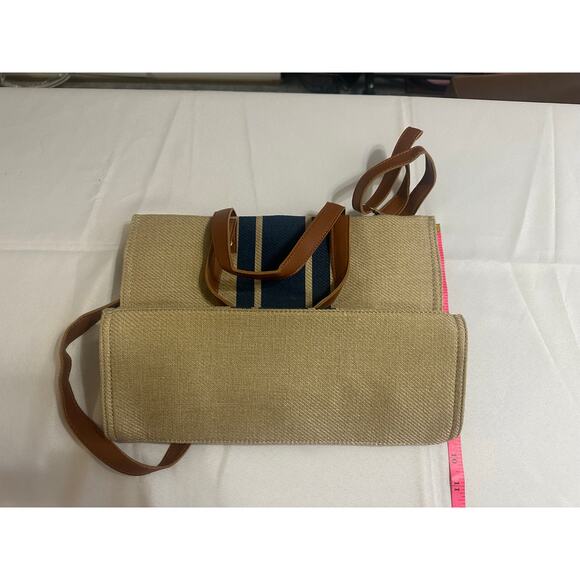 Neutral Woven Tote with Navy Stripe & Faux Leather Handles - Picture 5 of 7
